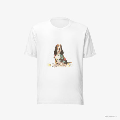 Basset Hound Wrapped in Christmas Lights White T-Shirt