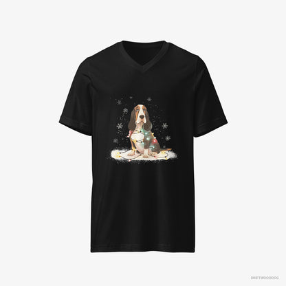 Basset Hound T-Shirt – Men Black T-Shirt V-Neck – Wrapped in Christmas Lights (on White Background)