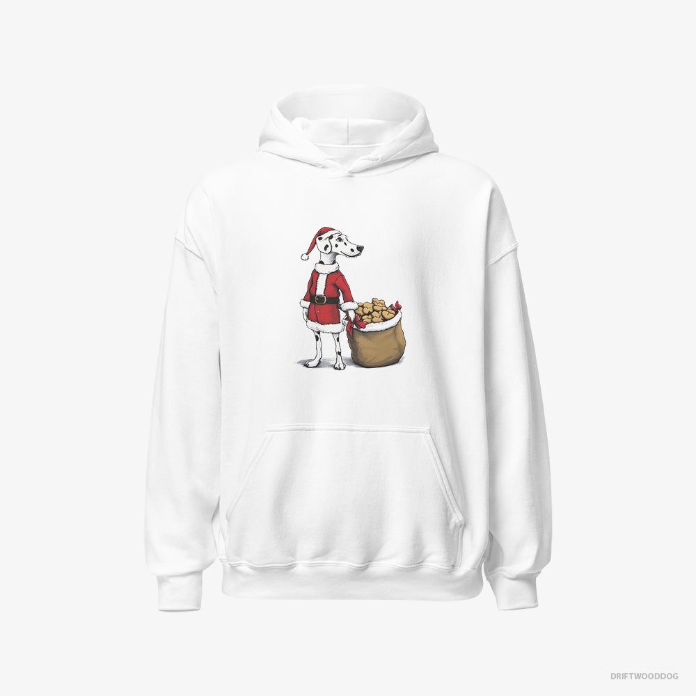 Dalmatian Hoodie – Men White Hoodie Classic – Carrying a Bag of Cookies for Christmas (on White Background)