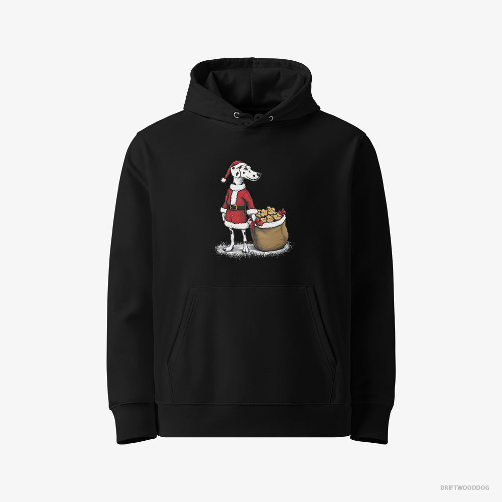 Dalmatian Hoodie – Men Black Hoodie Eco-Friendly – Carrying a Bag of Cookies for Christmas (on White Background)