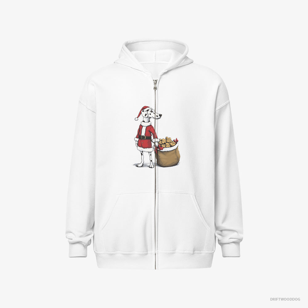 Dalmatian Hoodie – Men White Hoodie Full-Zip – Carrying a Bag of Cookies for Christmas (on White Background)