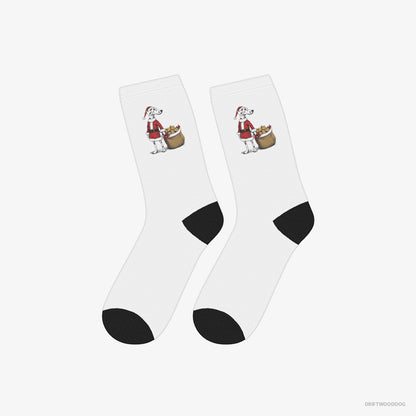 Dalmatian Socks – Unisex White Socks Classic – Carrying a Bag of Cookies for Christmas (on White Background)