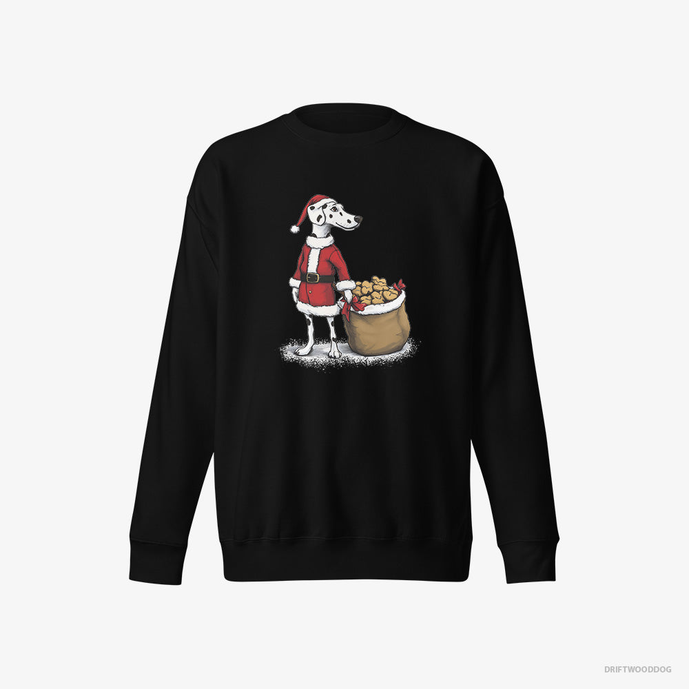 Dalmatian Sweatshirt – Women Black Sweatshirt Eco-Friendly – Carrying a Bag of Cookies for Christmas (on White Background)