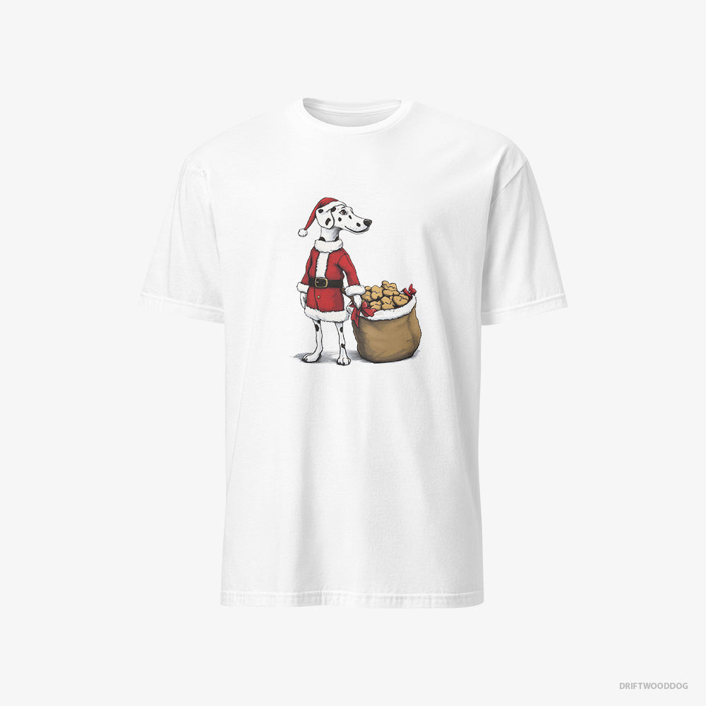 Dalmatian T-Shirt – Men White T-Shirt Classic – Carrying a Bag of Cookies for Christmas (on White Background)