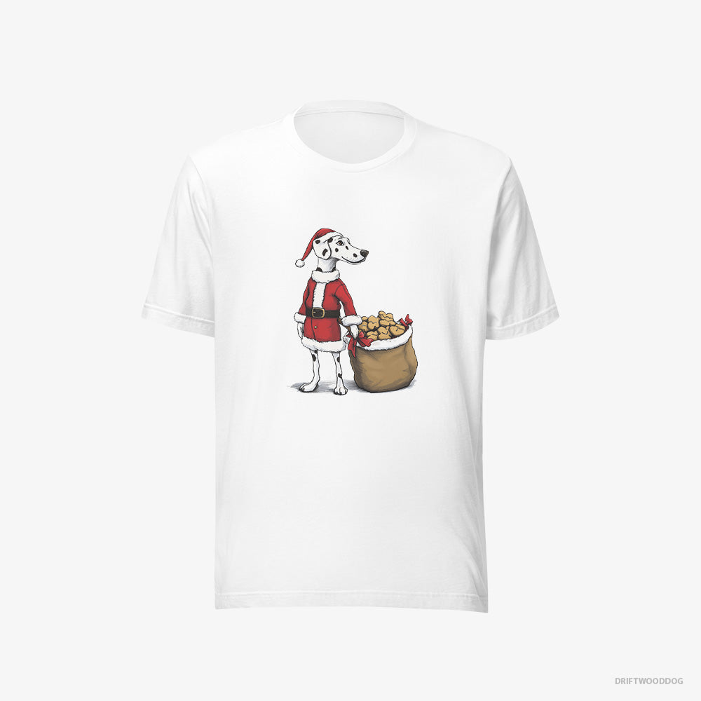 Dalmatian T-Shirt – Men White T-Shirt Eco-Friendly – Carrying a Bag of Cookies for Christmas (on White Background)