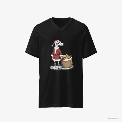 Dalmatian T-Shirt – Men Black T-Shirt V-Neck – Carrying a Bag of Cookies for Christmas (on White Background)