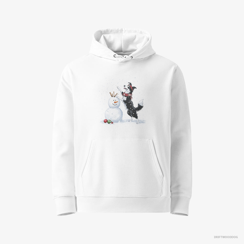 Border Collie Hoodie – Women White Hoodie Eco-Friendly – Sculpting a Snowman (on White Background)