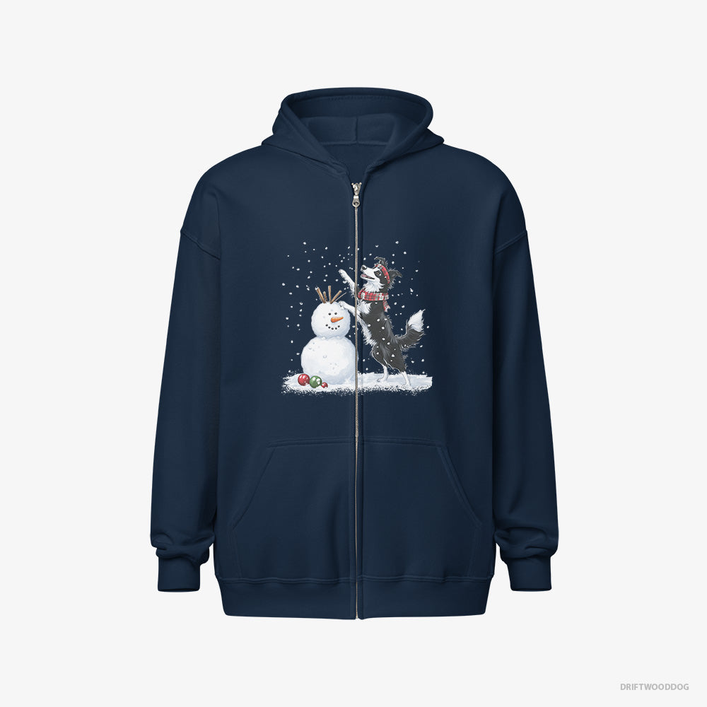 Border Collie Hoodie – Men Navy Hoodie Full-Zip – Sculpting a Snowman (on White Background)