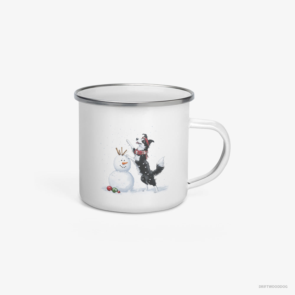 Border Collie Sculpting a Snowman Enamel Mug