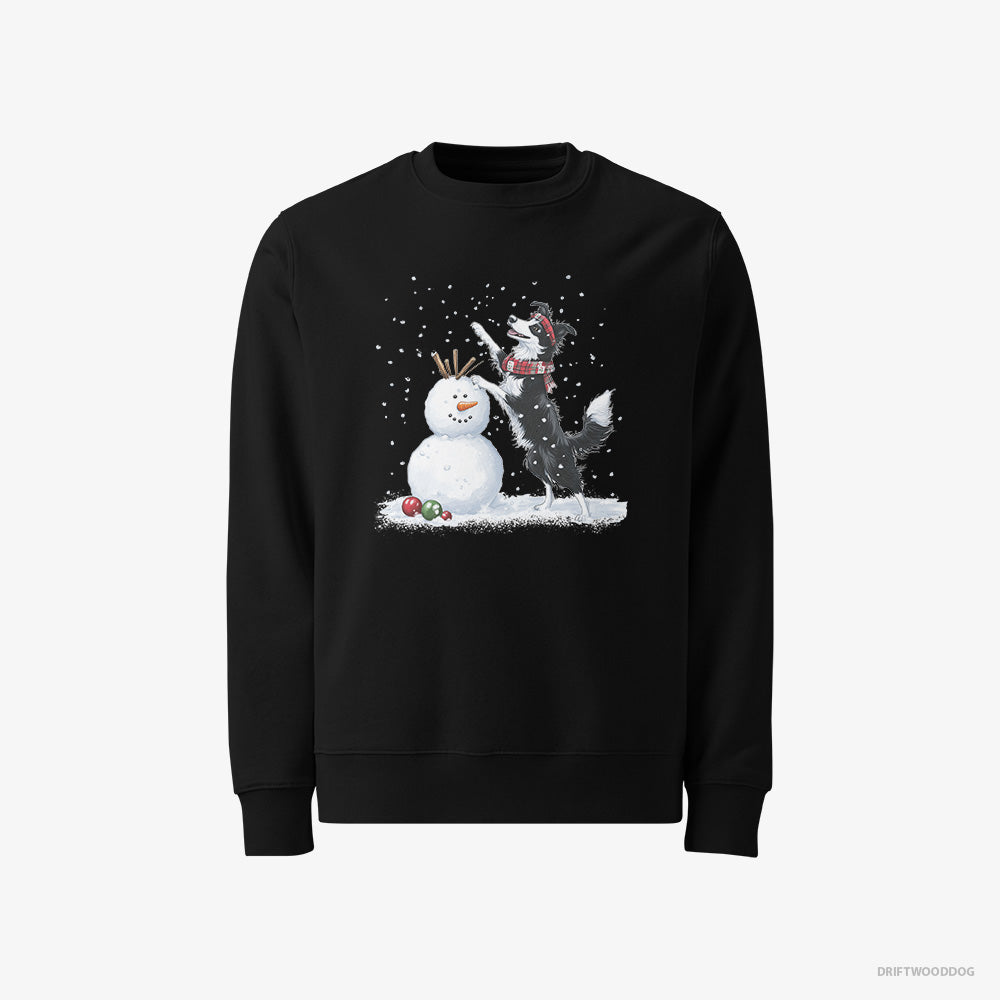 Border Collie Sweatshirt – Men Black Sweatshirt Classic – Sculpting a Snowman (on White Background)