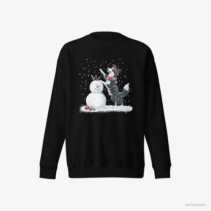 Border Collie Sweatshirt – Men Black Sweatshirt Eco-Friendly – Sculpting a Snowman (on White Background)