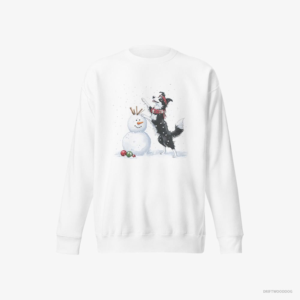 Border Collie Sweatshirt – Women White Sweatshirt Eco-Friendly – Sculpting a Snowman (on White Background)