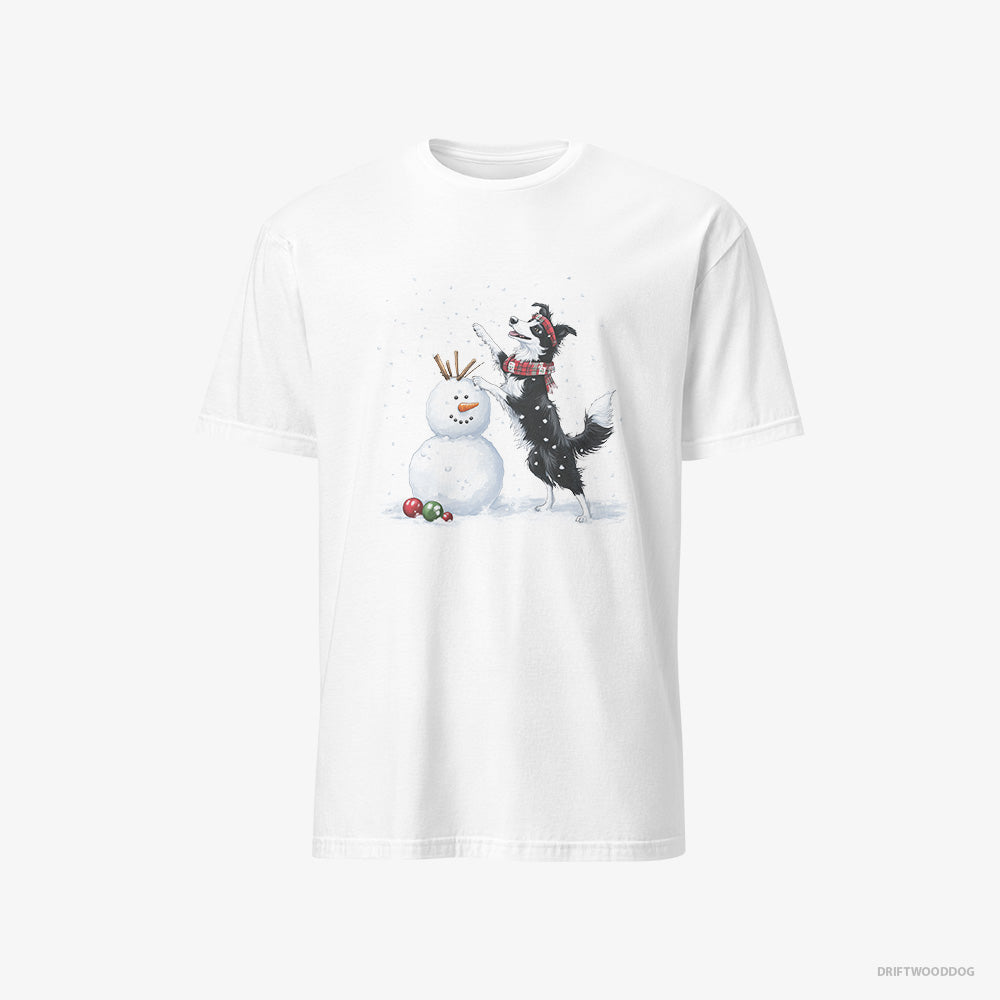 Border Collie T-Shirt – Men White T-Shirt Classic – Sculpting a Snowman (on White Background)