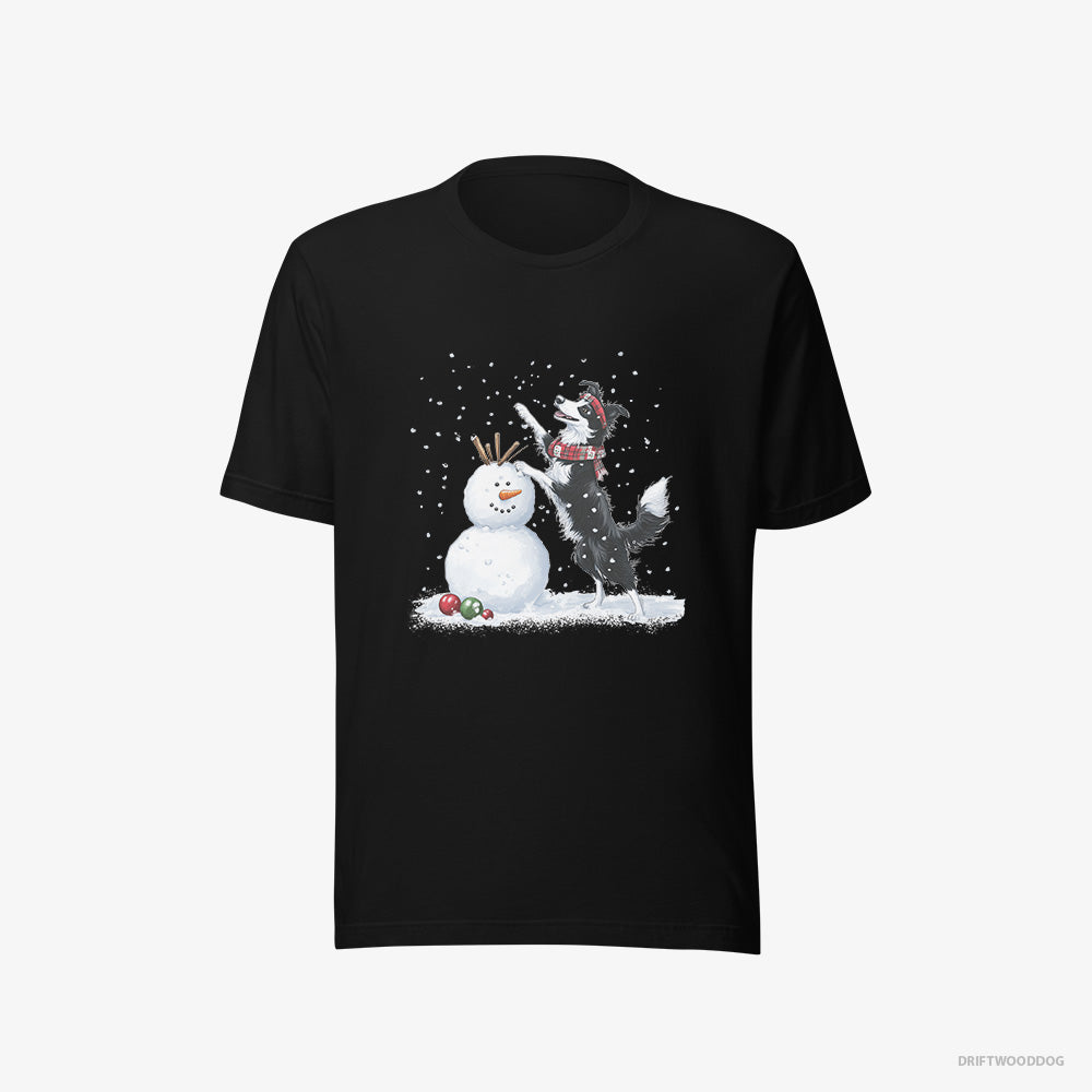 Border Collie T-Shirt – Men Black T-Shirt Eco-Friendly – Sculpting a Snowman (on White Background)