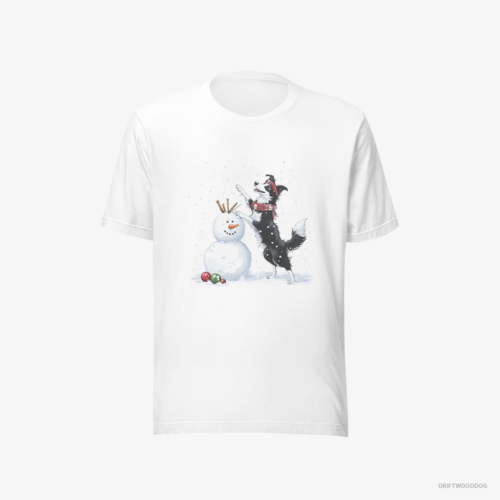 Border Collie T-Shirt – Men White T-Shirt Eco-Friendly – Sculpting a Snowman (on White Background)