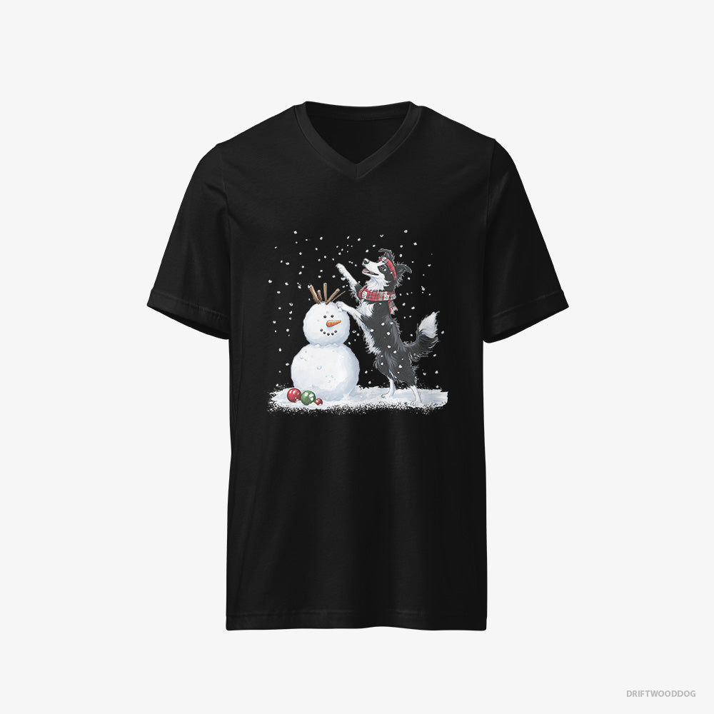 Border Collie T-Shirt – Men Black T-Shirt V-Neck – Sculpting a Snowman (on White Background)