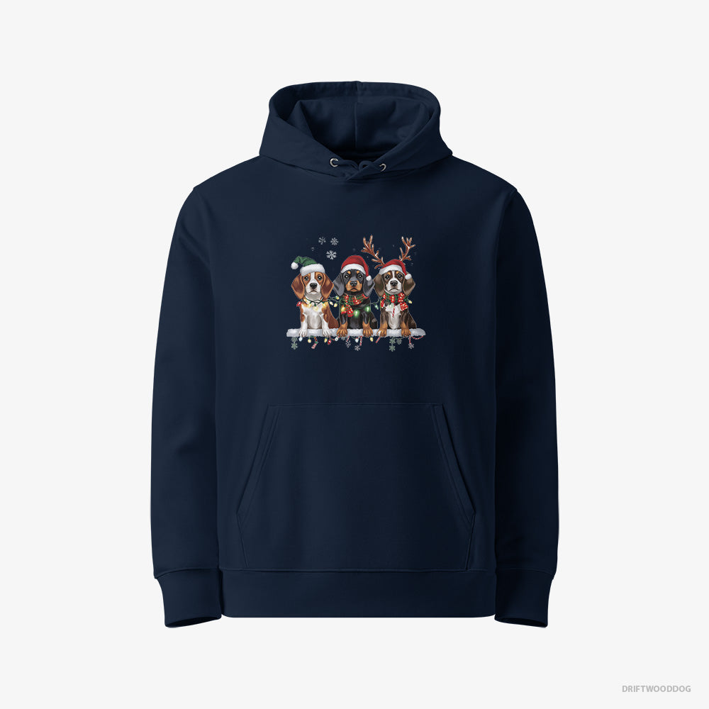 Basset Hound Hoodie – Women Navy Hoodie Eco-Friendly – Puppies in a Cozy Christmas Setting (on White Background)