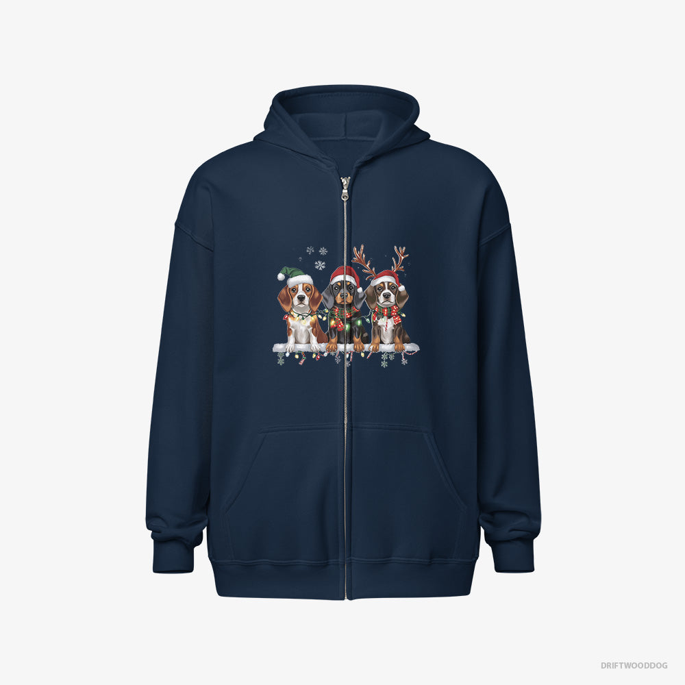 Basset Hound Hoodie – Men Navy Hoodie Full-Zip – Puppies in a Cozy Christmas Setting (on White Background)