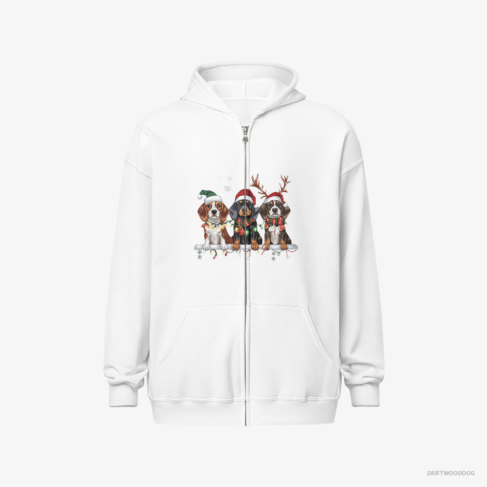 Basset Hound Hoodie – Men White Hoodie Full-Zip – Puppies in a Cozy Christmas Setting (on White Background)