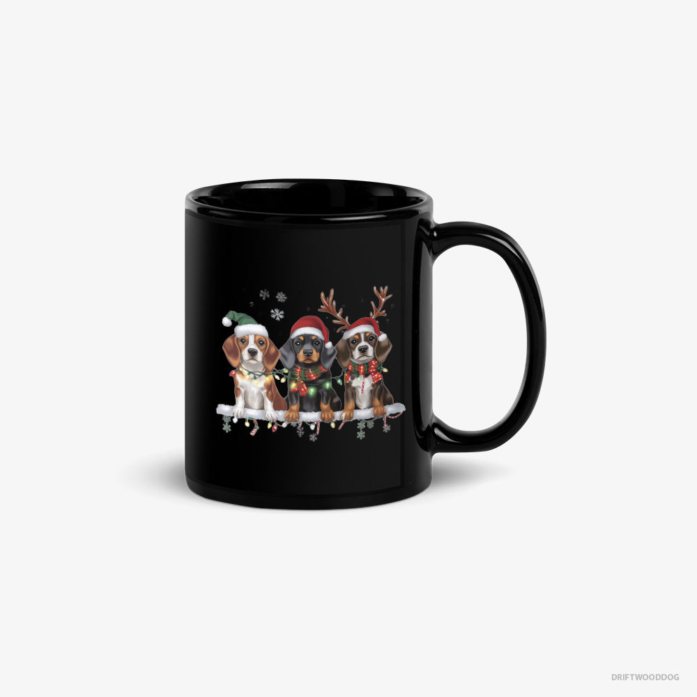 Basset Hound Mug – Unisex Black Mug Classic – Puppies in a Cozy Christmas Setting (on White Background)