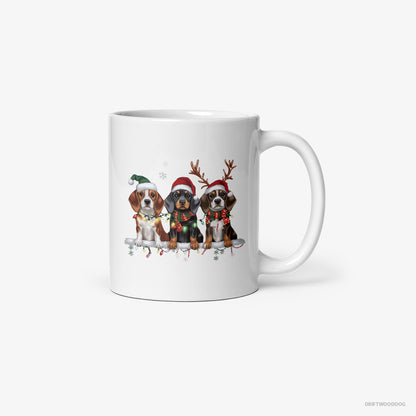 Basset Hound Puppies in a Cozy Christmas Setting White Mug