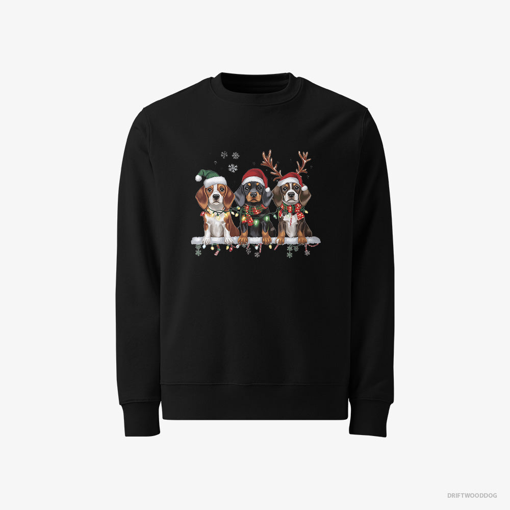 Basset Hound Sweatshirt – Men Black Sweatshirt Classic – Puppies in a Cozy Christmas Setting (on White Background)