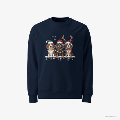 Basset Hound Sweatshirt – Men Navy Sweatshirt Classic – Puppies in a Cozy Christmas Setting (on White Background)