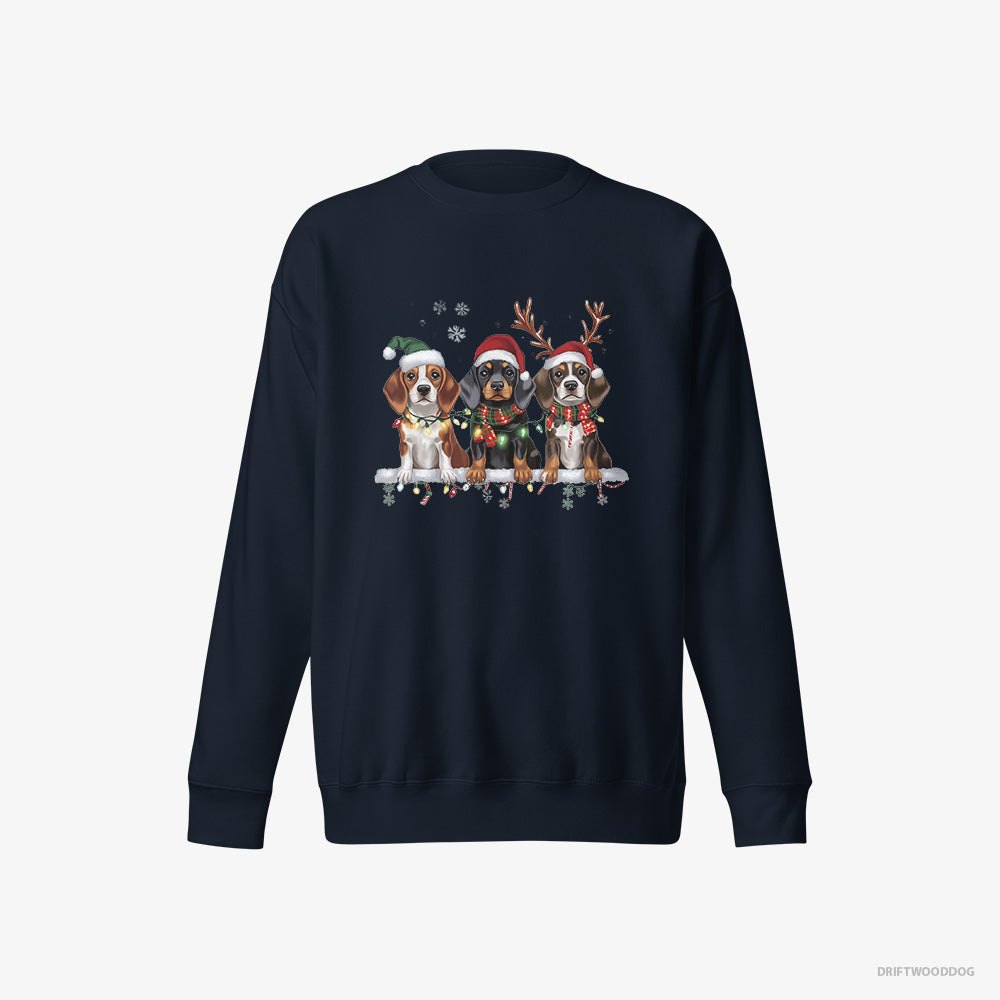 Basset Hound Sweatshirt – Men Navy Sweatshirt Eco-Friendly – Puppies in a Cozy Christmas Setting (on White Background)