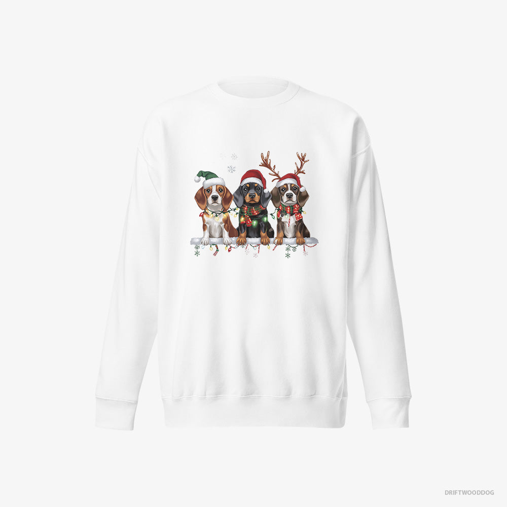 Basset Hound Sweatshirt – Men White Sweatshirt Eco-Friendly – Puppies in a Cozy Christmas Setting (on White Background)