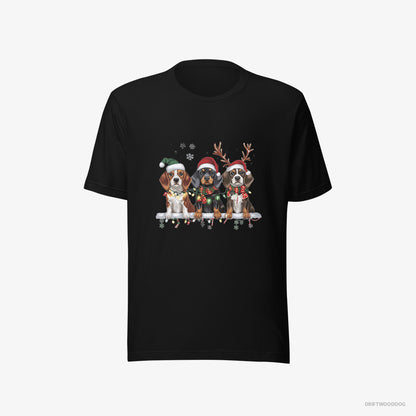 Basset Hound T-Shirt – Men Black T-Shirt Eco-Friendly – Puppies in a Cozy Christmas Setting (on White Background)