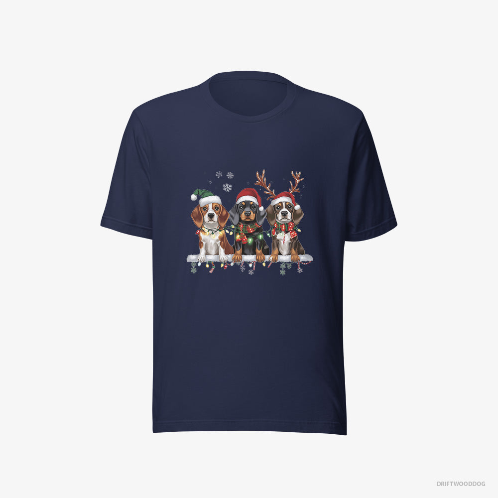 Basset Hound T-Shirt – Women Navy T-Shirt Eco-Friendly – Puppies in a Cozy Christmas Setting (on White Background)