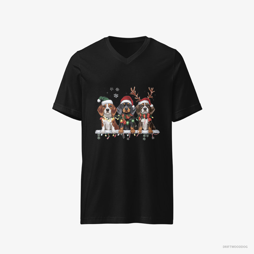 Basset Hound T-Shirt – Men Black T-Shirt V-Neck – Puppies in a Cozy Christmas Setting (on White Background)