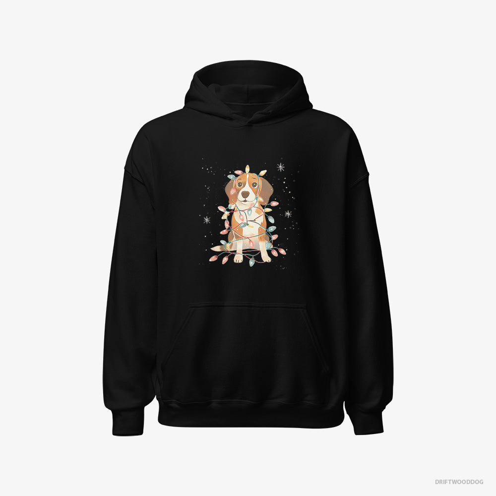 Beagle Hoodie – Women Black Hoodie Classic – Wrapped in Glowing Christmas Lights (on White Background)