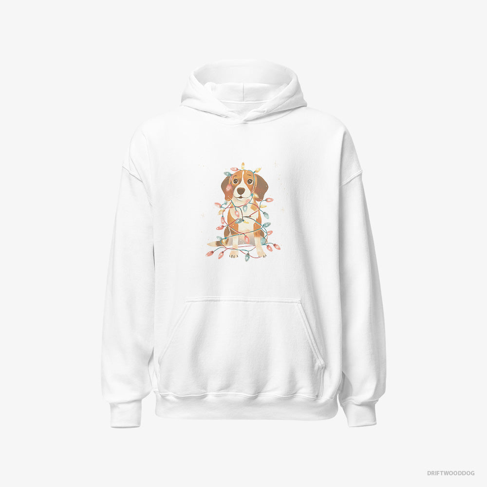 Beagle Hoodie – Men White Hoodie Classic – Wrapped in Glowing Christmas Lights (on White Background)