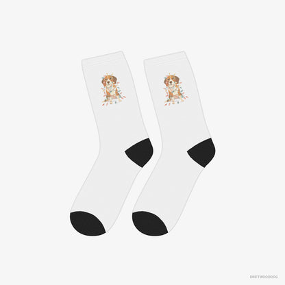 Beagle Socks – Unisex White Socks Classic – Wrapped in Glowing Christmas Lights (on White Background)