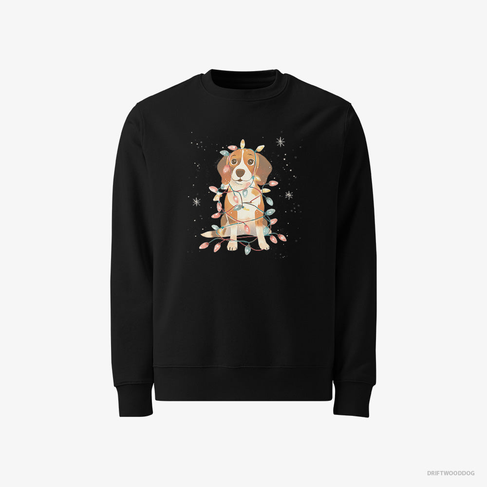 Beagle Sweatshirt – Men Black Sweatshirt Classic – Wrapped in Glowing Christmas Lights (on White Background)