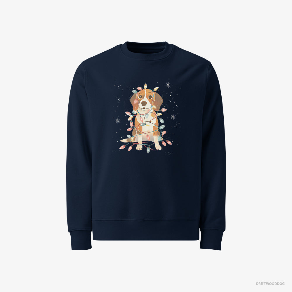 Beagle Sweatshirt – Men Navy Sweatshirt Classic – Wrapped in Glowing Christmas Lights (on White Background)