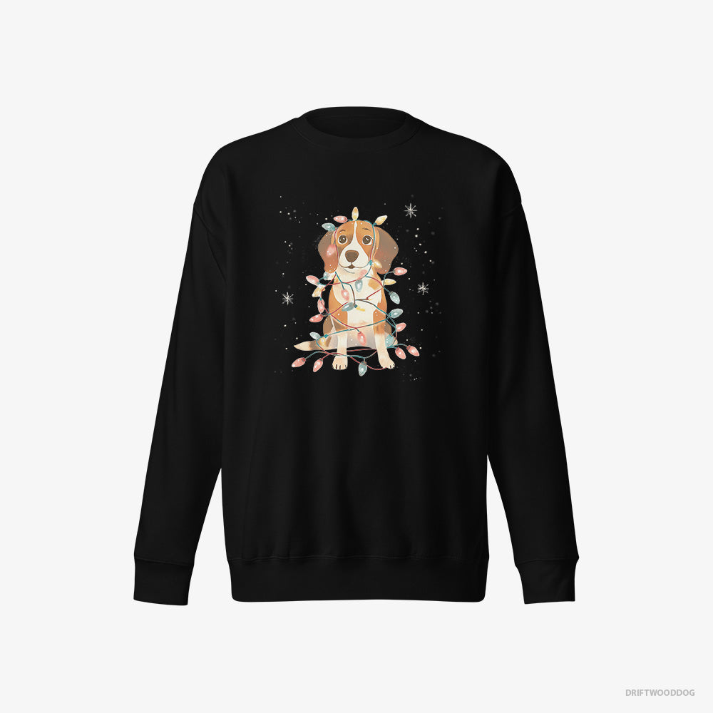 Beagle Sweatshirt – Women Black Sweatshirt Eco-Friendly – Wrapped in Glowing Christmas Lights (on White Background)