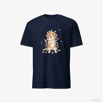 Beagle T-Shirt – Men Navy T-Shirt Classic – Wrapped in Glowing Christmas Lights (on White Background)