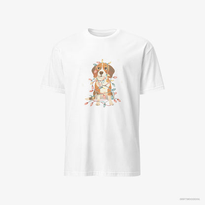 Beagle T-Shirt – Men White T-Shirt Classic – Wrapped in Glowing Christmas Lights (on White Background)