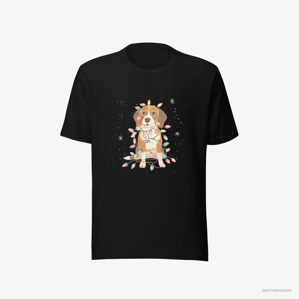 Beagle T-Shirt – Men Black T-Shirt Eco-Friendly – Wrapped in Glowing Christmas Lights (on White Background)