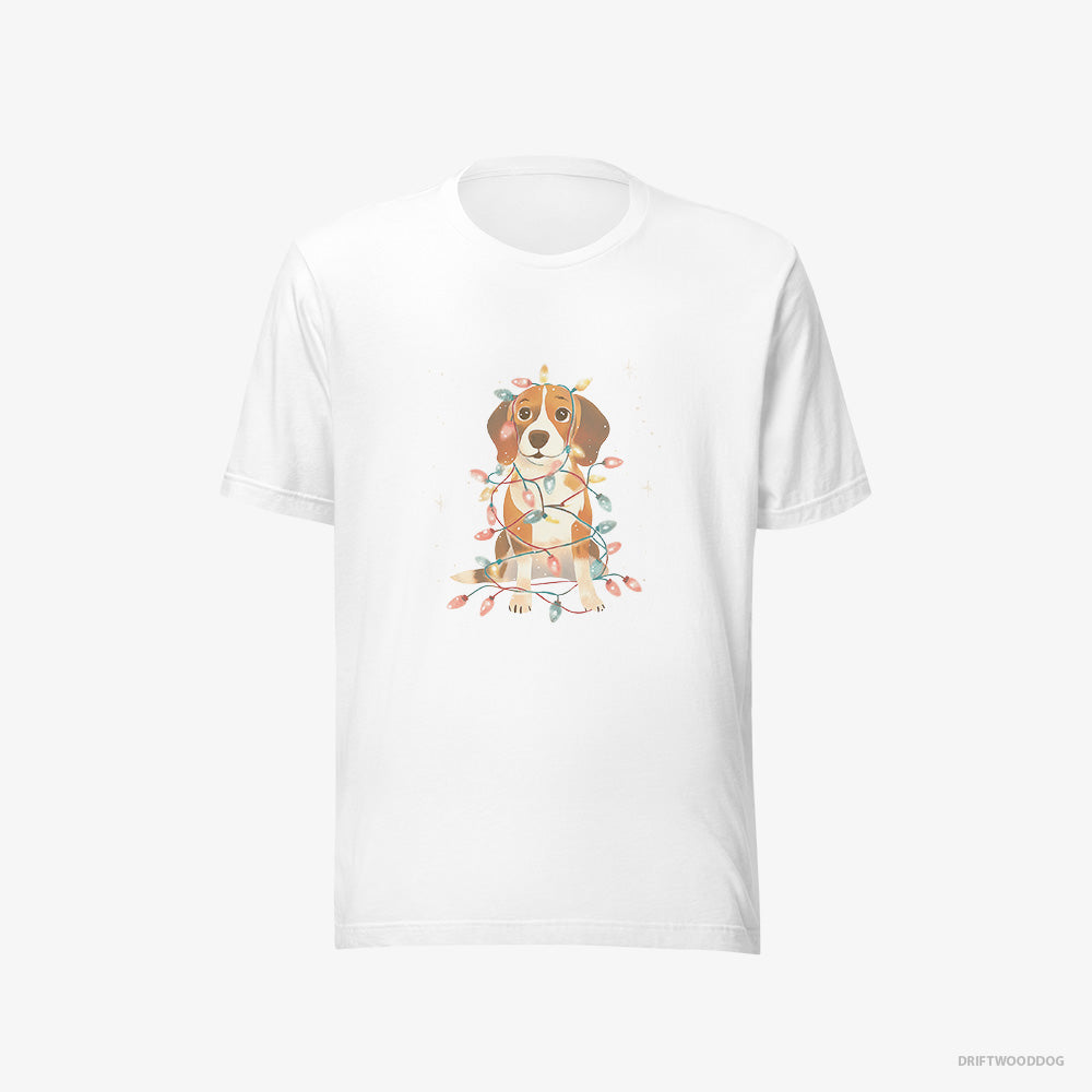 Beagle T-Shirt – Men White T-Shirt Eco-Friendly – Wrapped in Glowing Christmas Lights (on White Background)