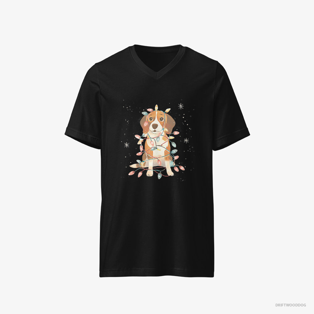 Beagle T-Shirt – Men Black T-Shirt V-Neck – Wrapped in Glowing Christmas Lights (on White Background)