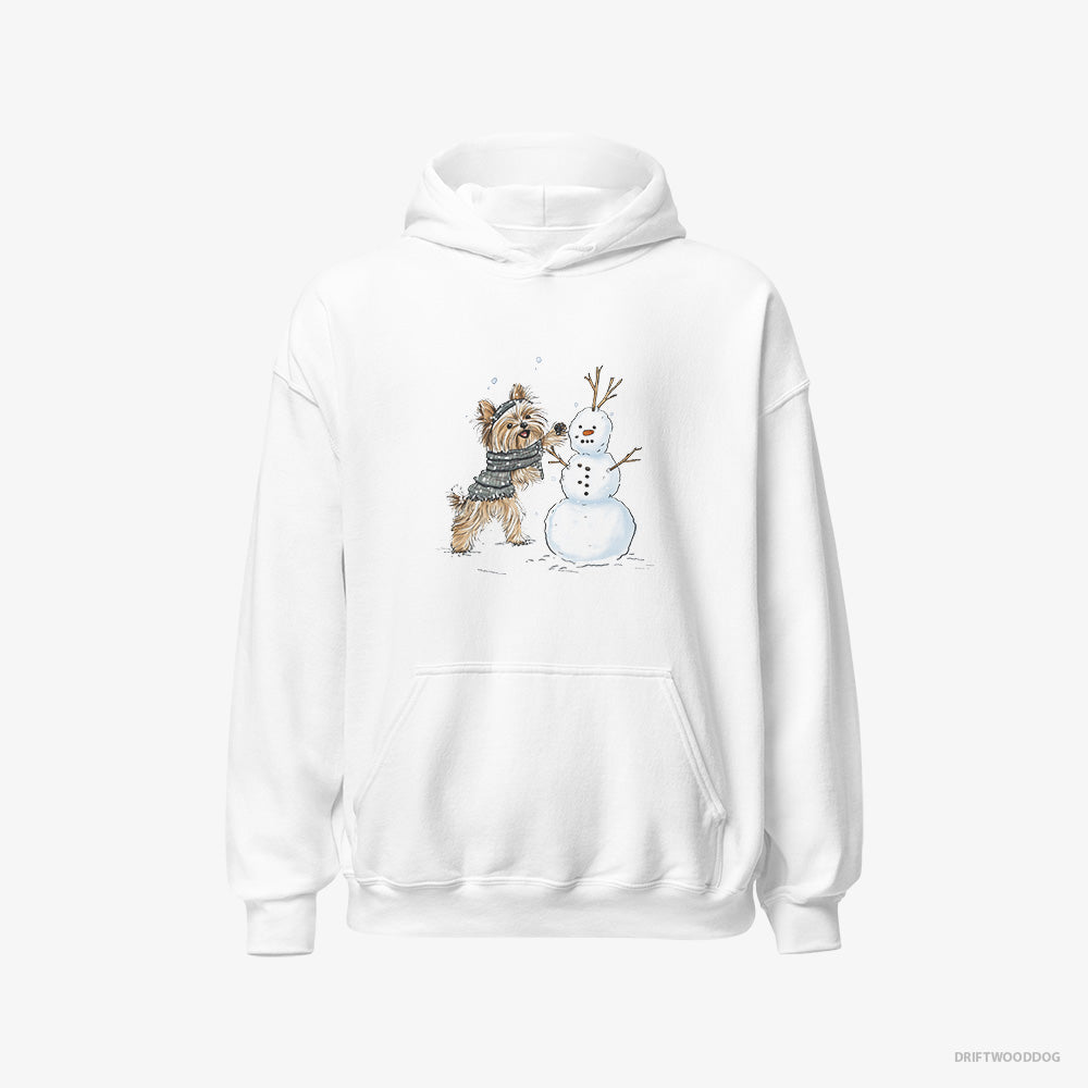 Yorkshire Terrier Hoodie – Men White Hoodie Classic – Creating a Snowman (on White Background)