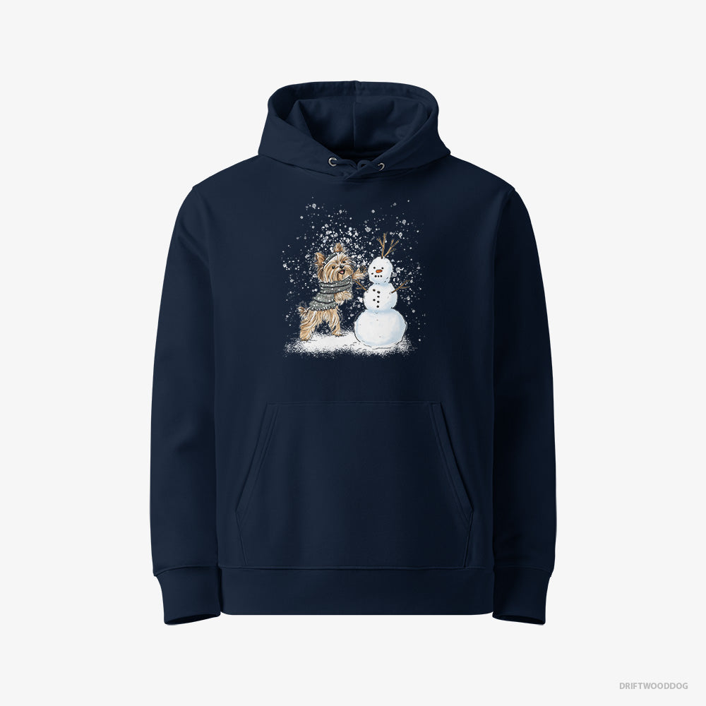 Yorkshire Terrier Hoodie – Women Navy Hoodie Eco-Friendly – Creating a Snowman (on White Background)