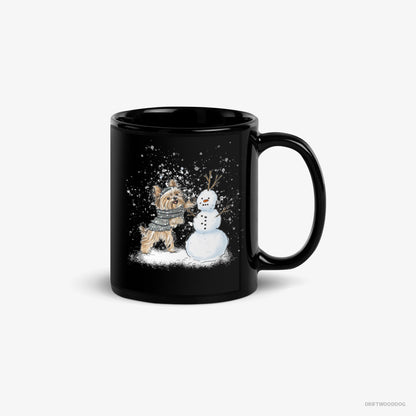 Yorkshire Terrier Mug – Unisex Black Mug Classic – Creating a Snowman (on White Background)