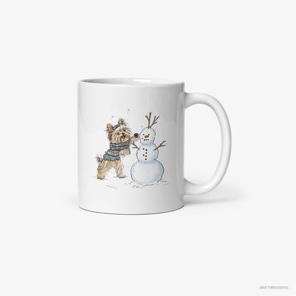 Yorkshire Terrier Creating a Snowman White Mug