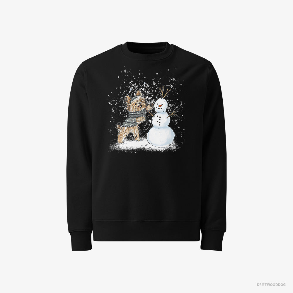 Yorkshire Terrier Sweatshirt – Men Black Sweatshirt Classic – Creating a Snowman (on White Background)