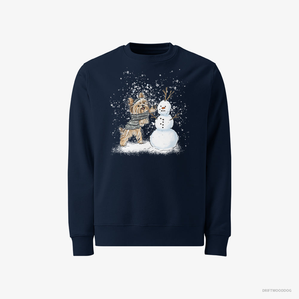 Yorkshire Terrier Sweatshirt – Men Navy Sweatshirt Classic – Creating a Snowman (on White Background)