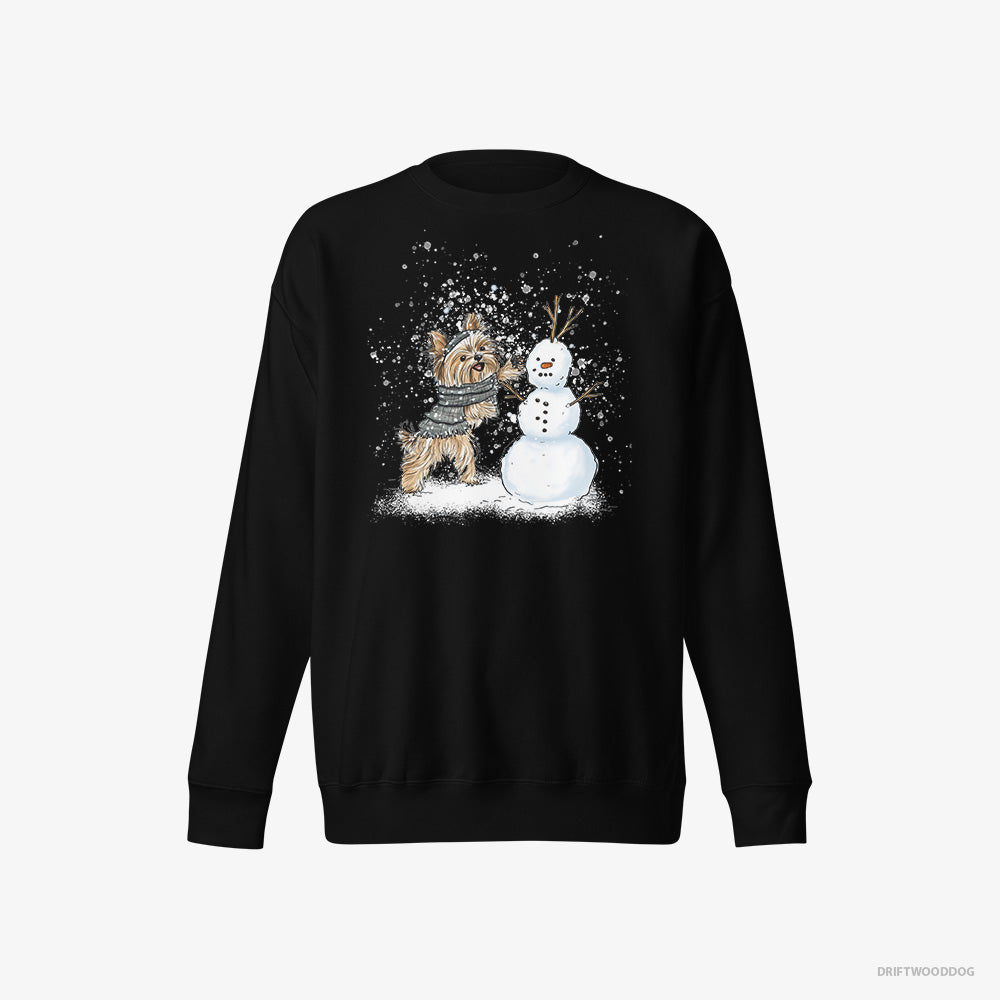 Yorkshire Terrier Sweatshirt – Women Black Sweatshirt Eco-Friendly – Creating a Snowman (on White Background)